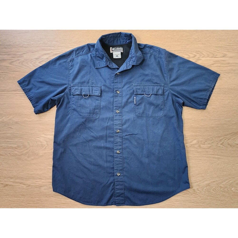 Columbia Solid Blue XCO Work Shirt Mens L Short Sleeve Button Fishing Hunting